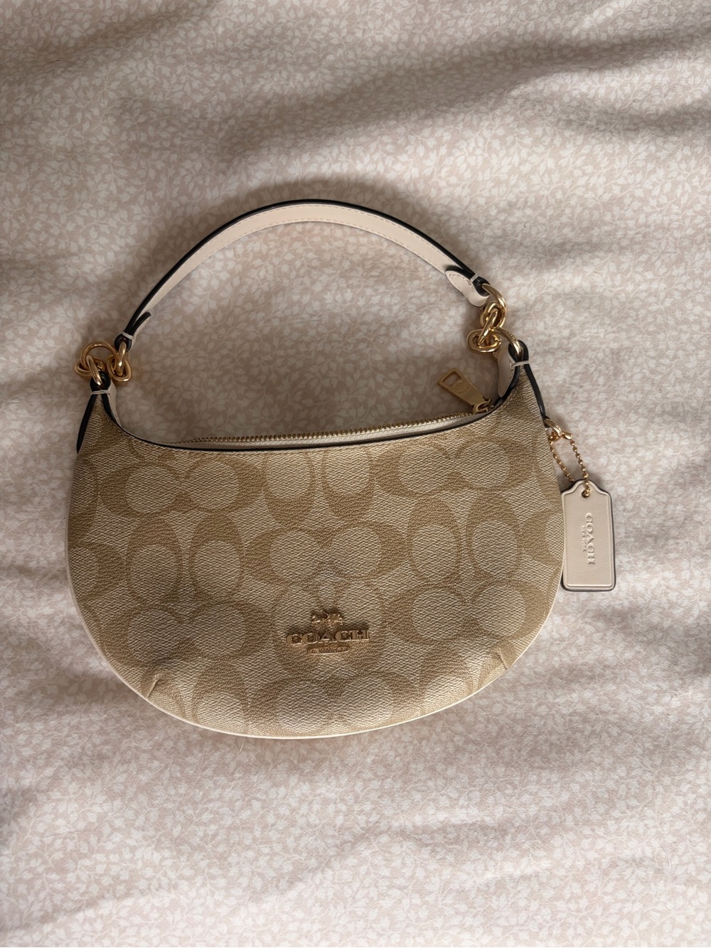 (SOLD)Coach Beige Signature Crescent Shoulder Bag with Gold Hardware